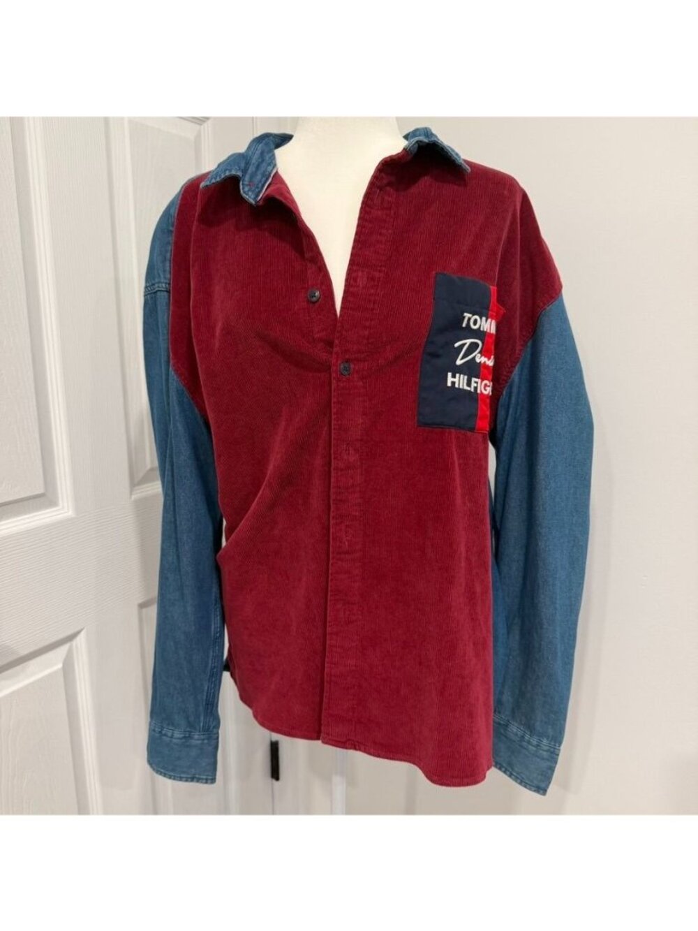 90s Tommy Hilfiger Cotton Denim Corduroy Patchwork Shirt Size Large NWOT
